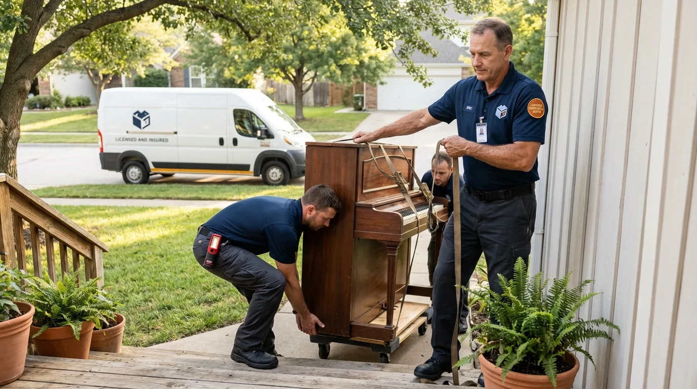 Licensed piano movers securing grand piano in Larchmont, NY