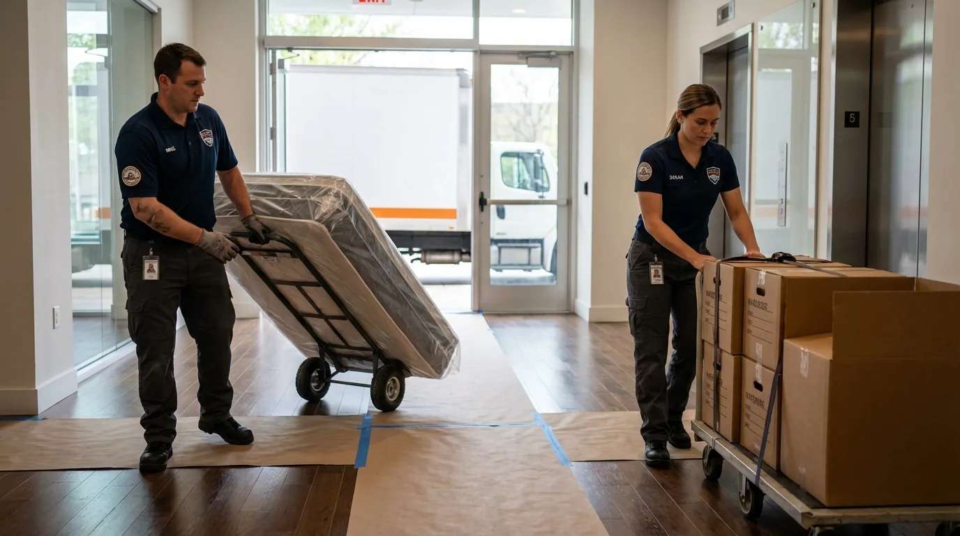 Professional apartment movers loading elevator in Larchmont, NY